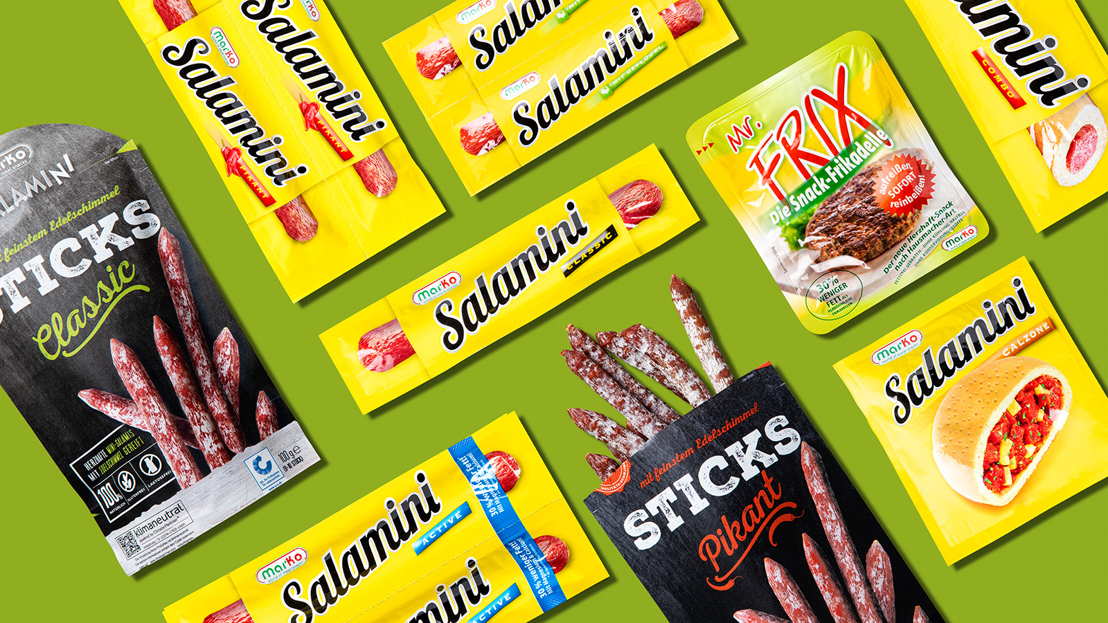 Die herzhafte Snack-Produktwelt von Mar-Ko: Mr. Frix, Salamini, Combo, Calzone